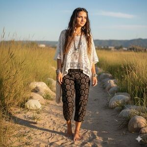 Love USA Boho Black Gold Medallion Pattern Women's Cropped Pants M Crepe Rayon